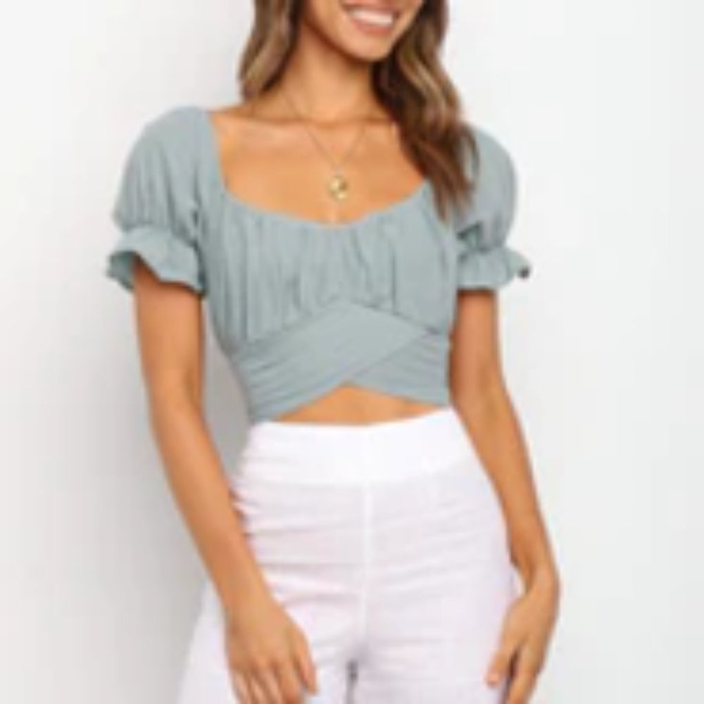 Petal & Pup Green Puff Sleeve Crop Top
